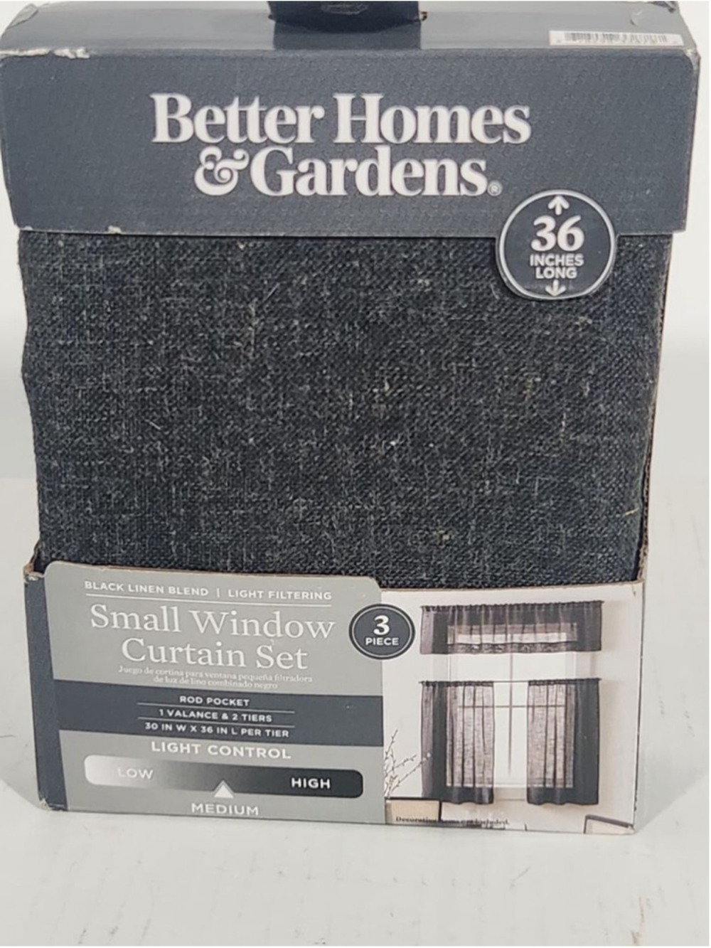Better Homes & Gardens Black Linen Valance/ 2 Tier Small Window Set 36x64" NIB